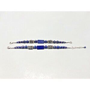 Lapis Lazuli Bead Bracelet Sterling Silver Set of 2 Blue Stone Sphere Filigree